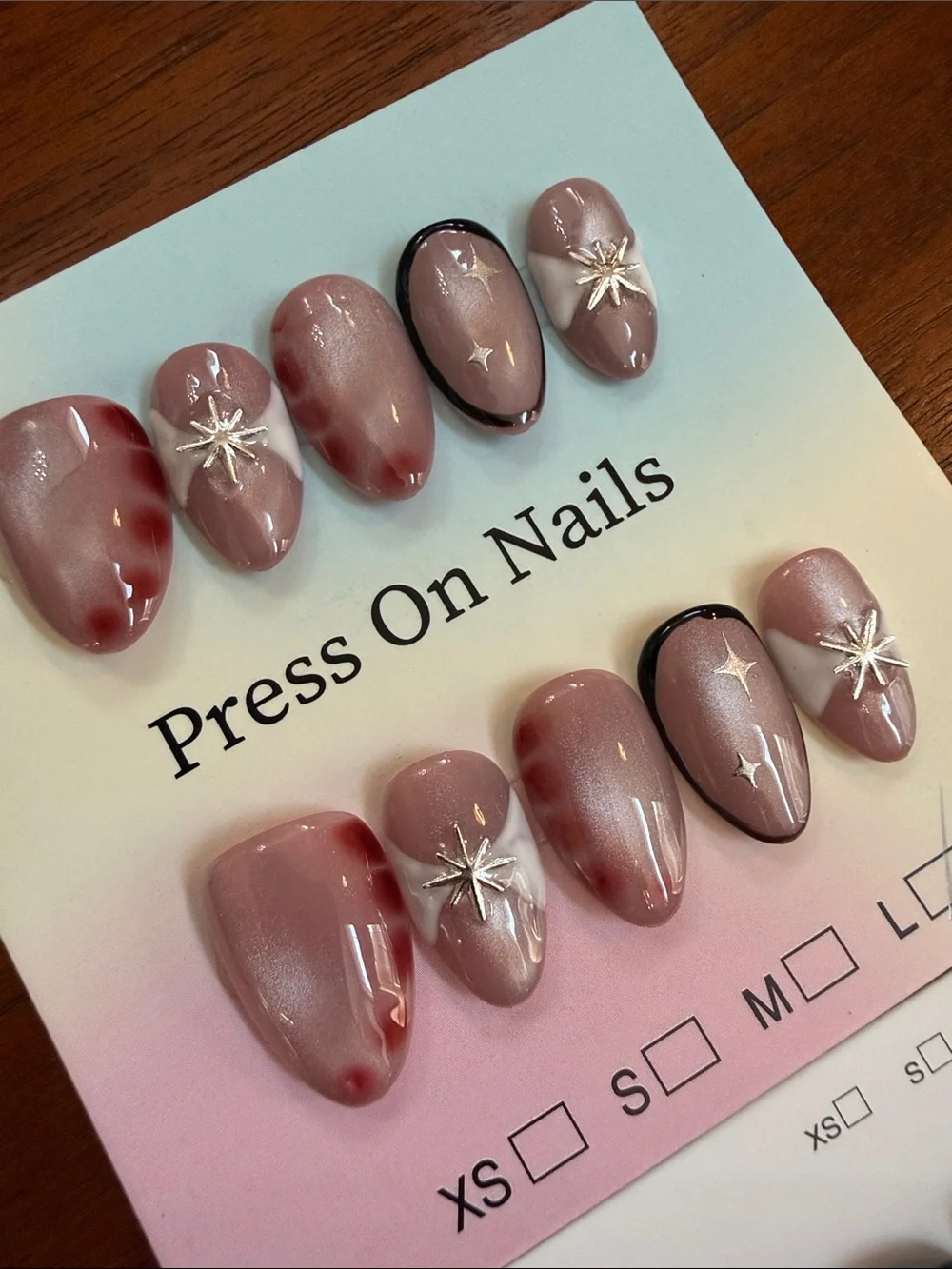 Bundle of two - Cat eye press on nails - Pink, green and gold accents - large